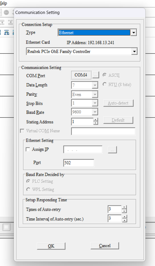 communication setting for WPLSOFT and DELTA PLC